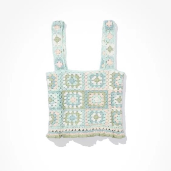 American Eagle Cropped Crochet Mint Green Tank Granny Square Small Boho - Picture 2 of 9